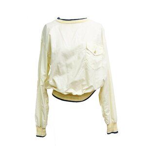 60s-70s Vintage Nylon Cream & Navy Windbreaker Athletic Retro Warm-Up Jacket - M